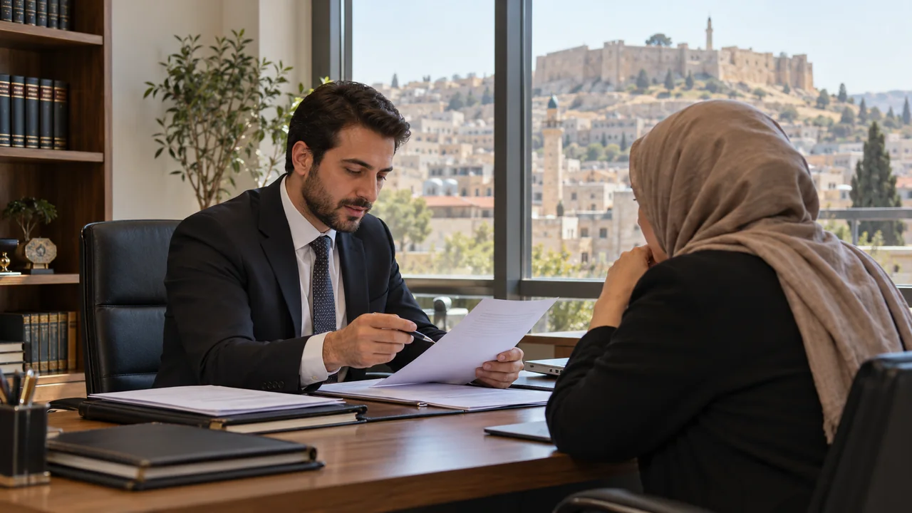 محامي في غازي عنتاب يراجع أوراق قضية مع عميل يتحدث العربية